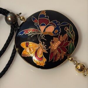 Vintage Cloisonné Large Pendant Necklace 2 Sided Butterfly Lotus